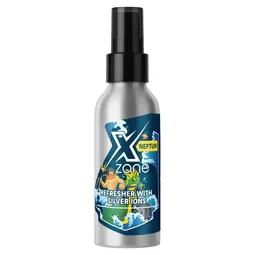 Xzone Neptun Interior Refresher spray bottle with a black label featuring Neptune-themed artwork, designed for refreshing helmet and gear interiors, enriched with silver ions.