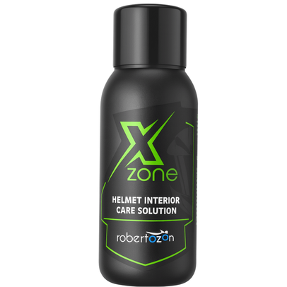 Xzone Helmet Interior Care Solution bottle on a white background – premium motorcycle helmet interior cleaner in a black bottle with green label, front view.