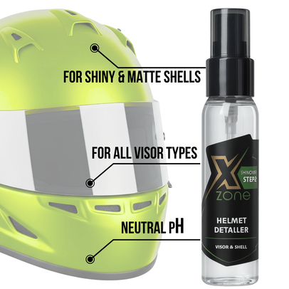 Motorcycle helmet and Xzone Helmet Detailer spray showing product benefits: suitable for shiny and matte helmet shells, safe for all visor types, and neutral pH.