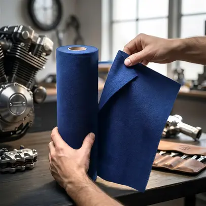 Tearing off Xzone microfiber cloth from the roll in a motorcycle workshop