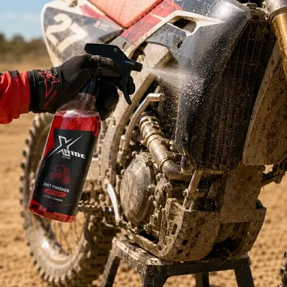 The process of quickly cleaning and refreshing an off-road motorcycle surface using Xzone Dirt Finisher.