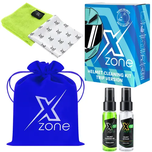 Xzone Helmet Cleaning Kit Trip Version including helmet cleaning gel, helmet detailer, microfiber cloths, and carry pouch