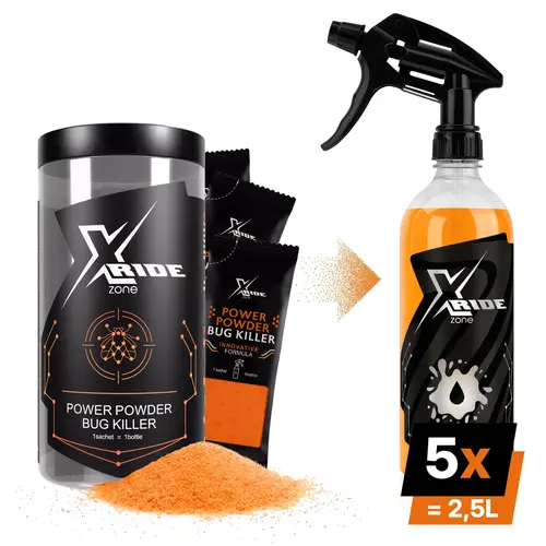 Xride Power Powder Bug Killer set – container with sachets of orange cleaning powder displayed on a white background.