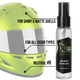 Motorcycle helmet and Xzone Helmet Detailer spray showing product benefits: suitable for shiny and matte helmet shells, safe for all visor types, and neutral pH.